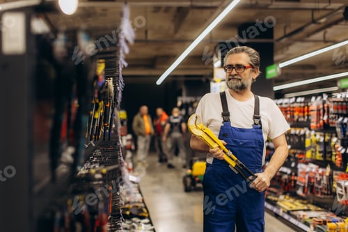 Preview: Mature man shopping large pipe wrench in hardware store