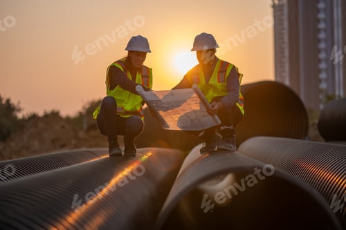 Preview: Construction surveyor or engineer working in pipe construction site