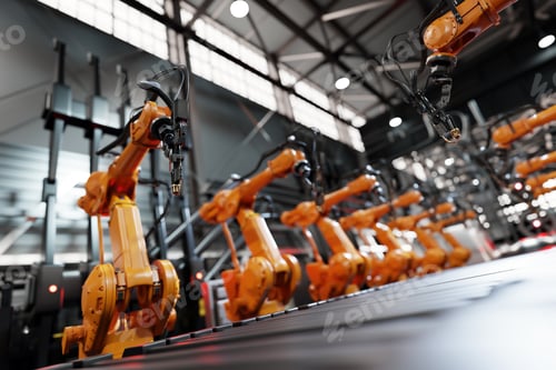 Preview: Robotic arms along assembly line in modern factory.