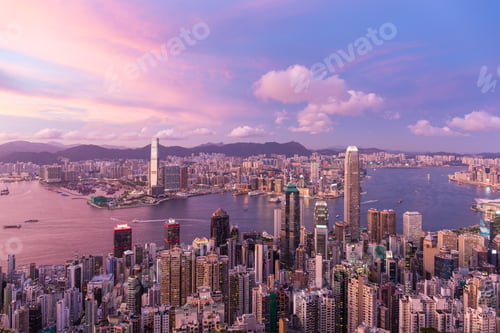 Preview: Victoria Peak, Hong Kong 15 July 2021: Hong Kong city at sunset