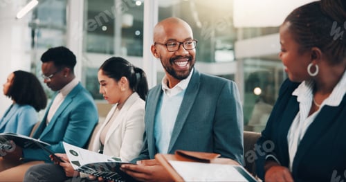 Preview: Group, business and people with documents for interview, candidates and recruitment of we are hirin