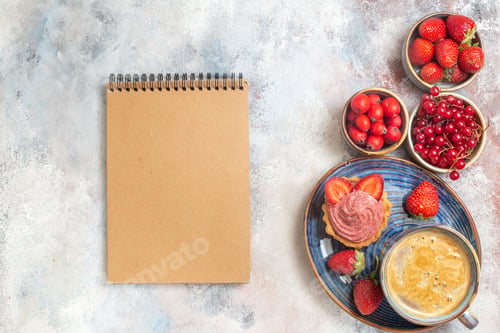 Preview: top view cup of coffee with creamy cake and fruits on the light background sweet biscuit cake