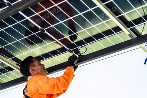 Preview: Engineer in safety vest and helmet pointing towards a solar powered carport