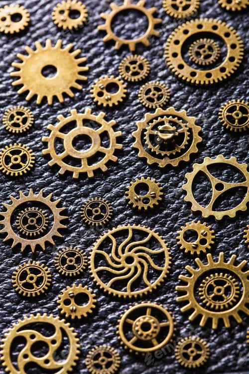 Preview: steampunk mechanical cogs gears wheels on leather background