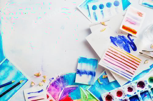 Preview: Colorful Abstract Watercolor Art Supplies Flat Lay