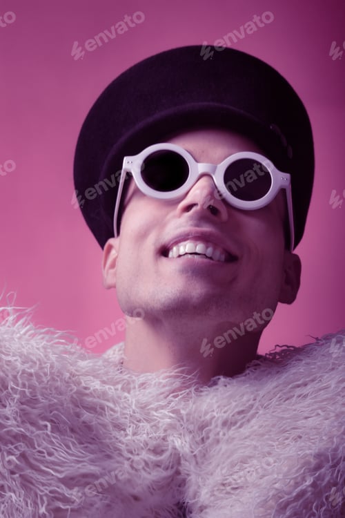 Preview: One Young Adult Man, Theatrical Gay Homosexual Portrait, Feathers, Colorful Effect