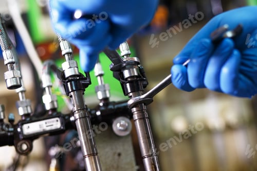Preview: Professional mechanic testing diesel injector in his workshop.
