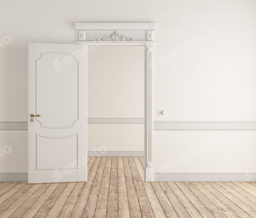 Preview: Classic white door is opening into an empty room with white walls and parquet flooring