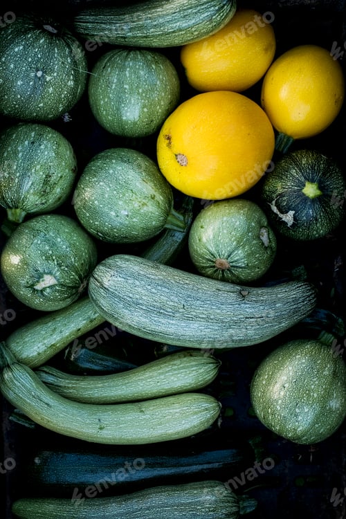 Preview: High angle close up of freshly picked yellow and green marrows and courgettes.