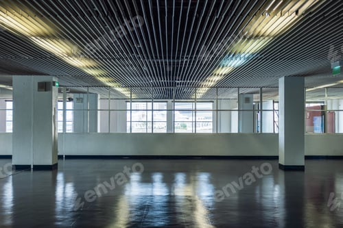 Preview: Empty corridor metallic ceiling with transparent windows
