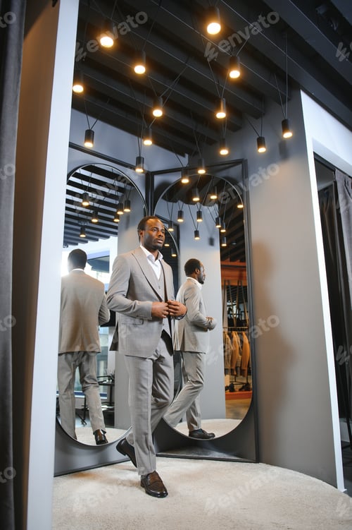 Preview: african man choosing and trying jacket or suit on and looking to mirror in mall or clothing store