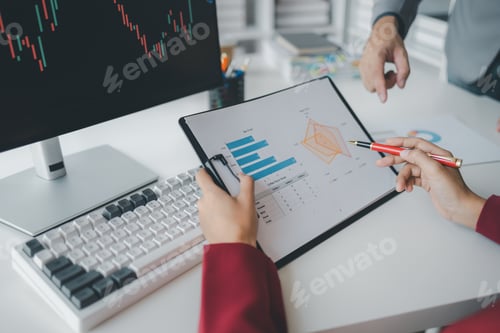 Preview: Two investors look at stock insights to analyze risk, stock investing businessman analyzing stock ma