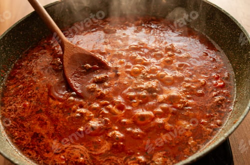 Preview: cooking, bolognese sauce, in a frying pan, stirring with a wooden spoon, tomato meat sauce, homemade
