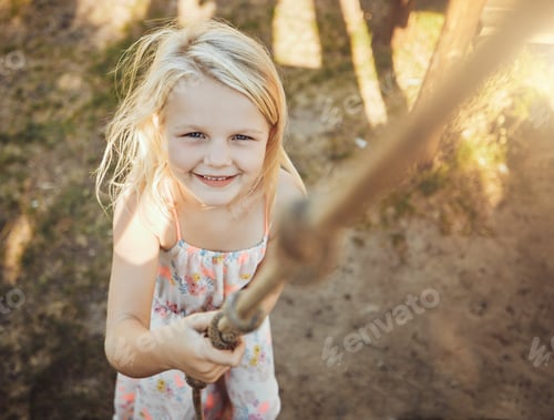 Preview: Child, portrait or playing rope in park, nature garden or house backyard on holiday, vacation or su