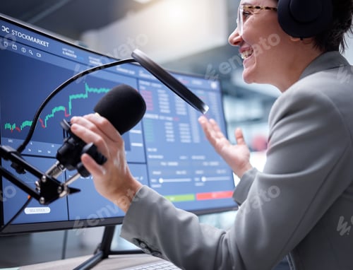 Preview: Stock market podcast, woman with microphone and live streaming of web growth with radio presenter.