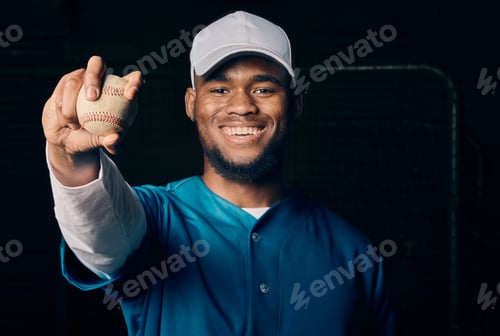 Preview: Sports, baseball and smile with portrait of black man for training, wellness and happiness. Strong,