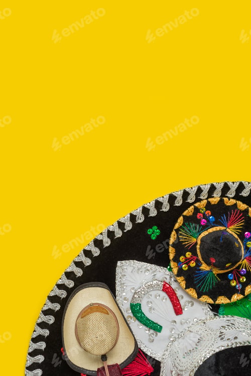 Preview: Mariachi hat on yellow background. Mexican independence concept. Cinco de mayo background.