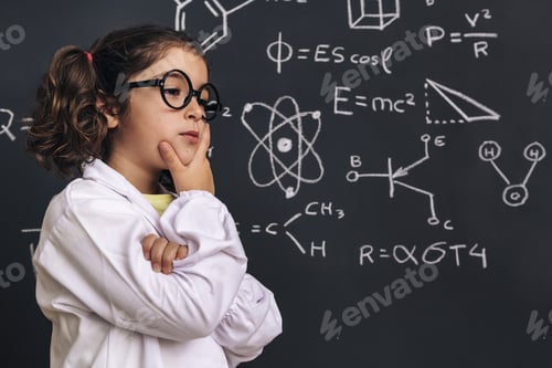Preview: pensive little girl scientist in lab coat