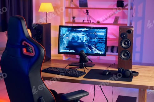 Preview: PC at home with shooter game launched on. FPS experience virtual reality