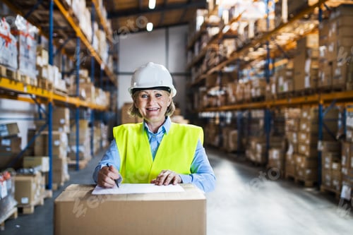 Preview: A senior woman warehouse worker or supervisor controlling stock.