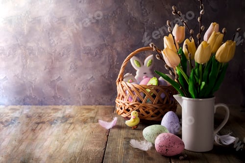 Preview: spring tulips with easter eggs on rustic background