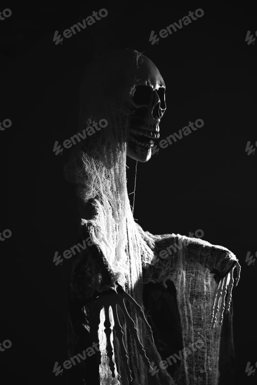 Preview: Mysterious creature with skull in smoke under the blue night light for Halloween