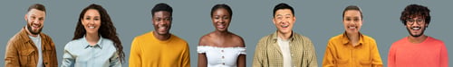 Preview: Positive multiethnic people in casual posing on gray, collage