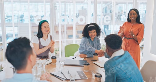 Preview: Welcome, handshake and applause with business people in meeting for onboarding, partnership and suc