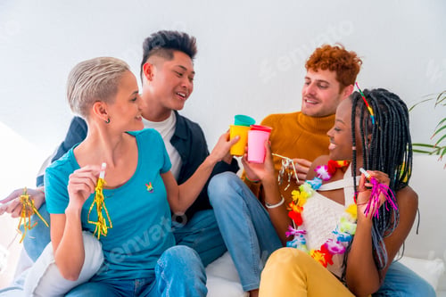 Preview: Diverse group of LGBT friends enjoying a relaxed morning in a comfortable living room