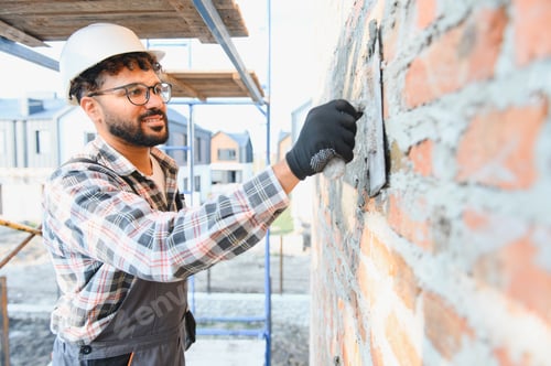 Preview: Construction worker plastering brick wall with trowel