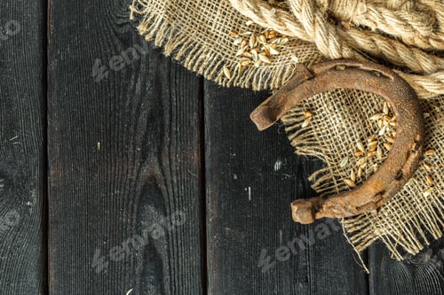 Preview: Rusty horseshoe on burlap with grains and rope on dark wood surface