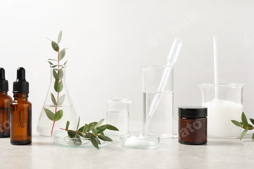 Preview: Natural ingredients for cosmetic products and laboratory glassware on white table