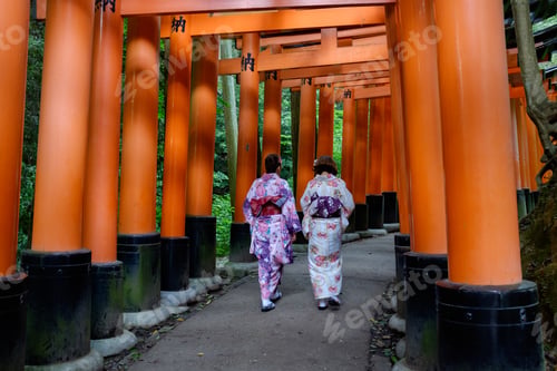 Preview: People in traditional Japanese costumes walking on the Torii path of Fushimi Inariaisha temple