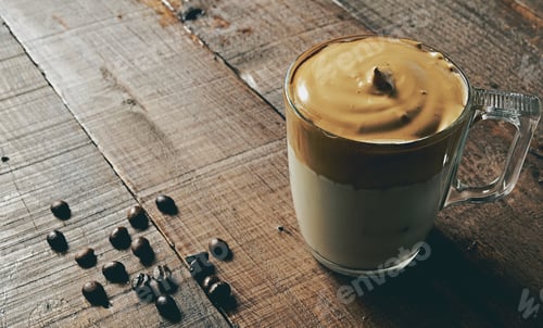 Preview: Closeup shot of iced Dalgona Coffee, fluffy creamy whipped coffee.