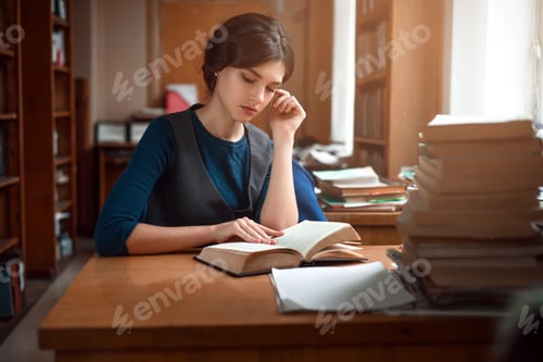 Preview: Portrait of clever student in university library.