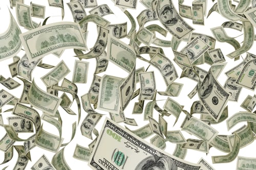 Preview: Rain of falling hundred dollar bills isolated on white. 3D rendering.