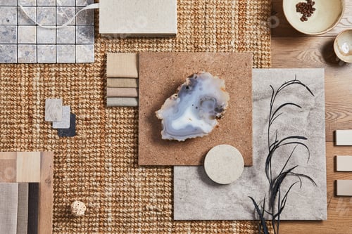 Preview: Flat lay of creative architect moodboard composition