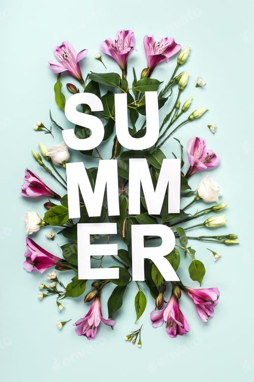 Preview: Creative layout from Paper word Summer, green leaves and flower buds on pastel blue background