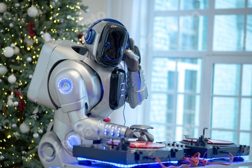 Visualização: Grande robô DJ ouvindo música em fones de ouvido