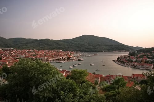 Preview: Scenic view of the Adriatic coast and Vela Luka town in a deep bay