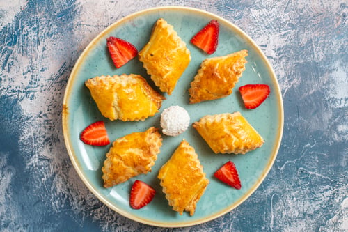 Preview: top view yummy sweet cakes with strawberries on blue background dessert cake pie biscuit