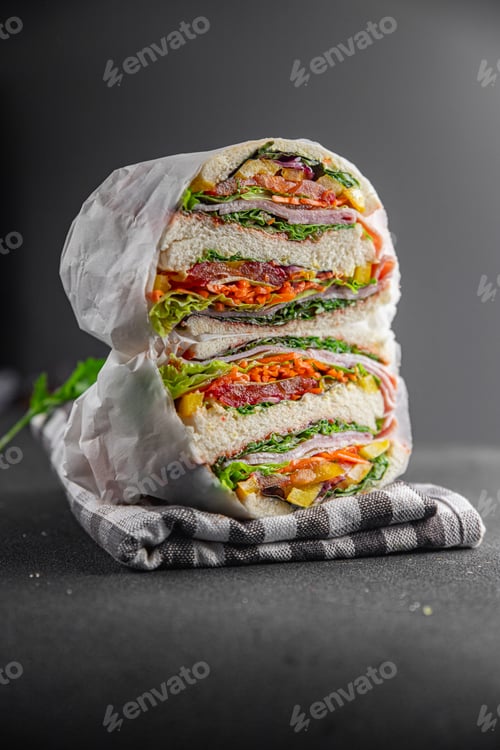 Preview: sandwich layers vegetables and ham meat spam fresh meal food snack on the table copy space food