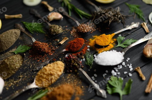 Preview: Colorful various herbs and spices for cooking on dark wooden rustic background