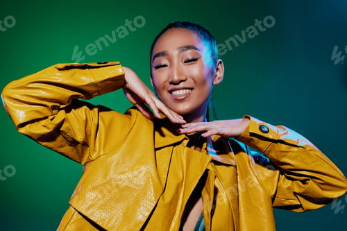 Preview: Neon woman light disco studio yellow fashion green colorful beauty trendy