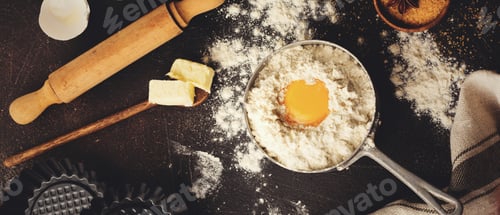 Preview: Baking background with ingredients flour, eggs, sugar, butter, cinnamon, anise star and kitchen tool
