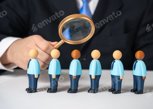 Preview: A businessman examines a line of job applicants through a magnifying glass.
