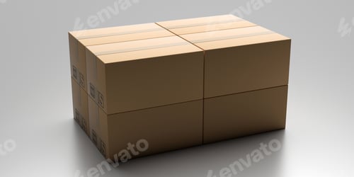 Preview: Cardboard packages stack on gray industrial floor.