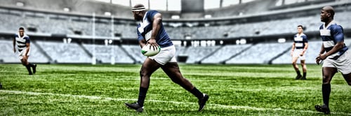 Preview: Digital composite image of rugby player throwing the ball to his teammate in sports stadium