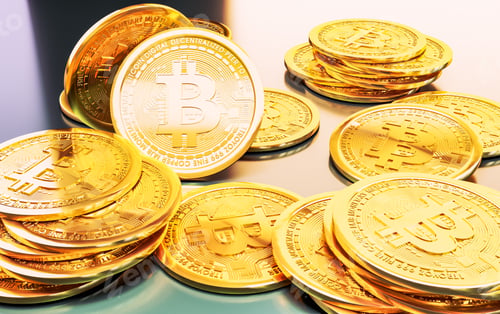 Preview: Cryptocurrency Bitcoin golden coins spilling on the table