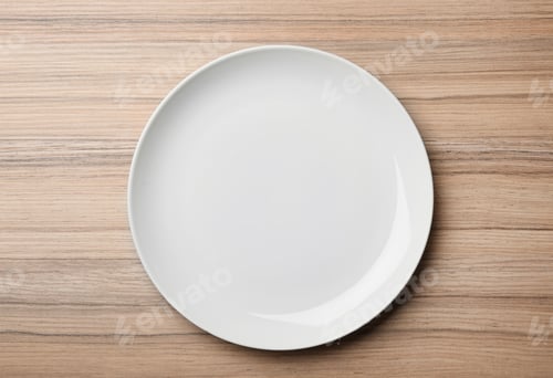 Preview: Stylish ceramic plate on wooden background, top view